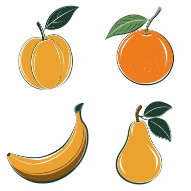 Bir sırada muz, portakal, armut ve erik de dahil olmak üzere dört farklı meyve türü gösteriliyor.