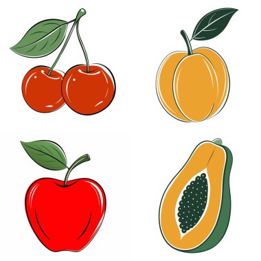 Çizgi film tarzında dört farklı meyve çizilir. Meyveler arasında bir elma, bir kiraz, bir şeftali ve bir armut var. Resmin neşeli ve renkli bir havası var. Meyveler stil olarak çiziliyor.