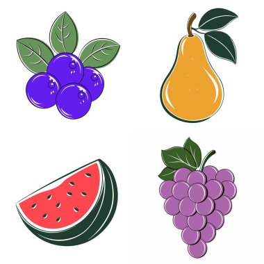 Resimde, bir karpuz, yaban mersini, üzüm ve bir armut da dahil olmak üzere dört farklı meyve gösteriliyor. Meyveler stil olarak çizilmiş, her birinin eşsiz bir şekli ve rengi var.