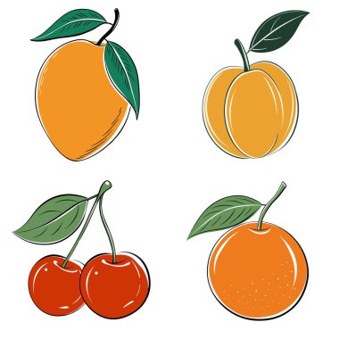 Resimde kiraz, portakal, şeftali ve erik de dahil olmak üzere dört farklı meyve türü gösteriliyor. Meyvelerin hepsi biçimlendirilmiş, karikatürsel bir şekilde çizilmiş, her birinin kendine has bir şekli var.