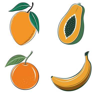 Resimde bir muz, bir portakal, bir mango ve bir papaya da dahil olmak üzere dört farklı meyve türü gösteriliyor. Meyveler stilize edilmiş, karikatürsel bir şekilde çiziliyor, her birinin kendine has bir şekli var.