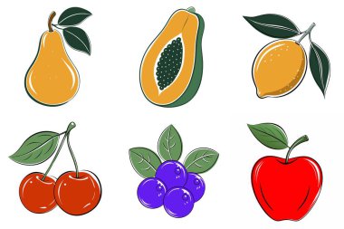 Elma, kiraz ve armut içeren bir dizi meyve çizimi. Resimler renkli ve eğlenceli, meyvenin şekillerine ve dokularına odaklanmışlar.