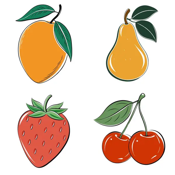 Dört farklı meyve türü stilize bir şekilde çizilir. Meyveler arasında bir çilek, bir armut, bir şeftali ve bir kiraz var. Çizimler renkli ve eğlenceli, meyveler gülümsüyor gibi görünüyor.