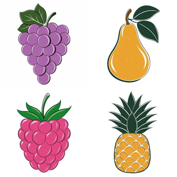 Dört farklı meyve imgesi, bir ananas, bir üzüm, bir armut ve bir erik. Resimlerin hepsi stilize edilmiş, karikatürsel bir şekilde çizilmiş.