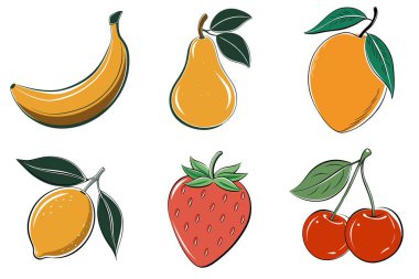 Muz, armut, kiraz ve çilek içeren altı meyve seti. Görüntüler, her meyvenin kendine has bir tasarımı olan stilize ve karikatürsel bir şekilde çizilmiştir.