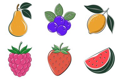 Armut, yabanmersini, limon, çilek, ahududu ve karpuz içeren bir dizi meyve resmi.