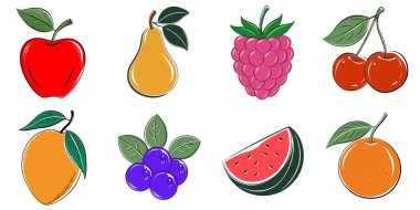 Elmalar, armutlar, ahududular, kirazlar ve karpuzlardan oluşan bir meyve koleksiyonu.