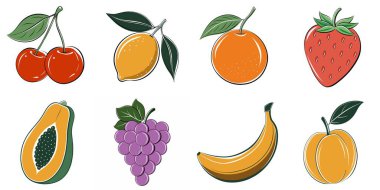 Kirazlar, portakallar ve muzlardan oluşan bir meyve koleksiyonu. Resimler renkli ve eğlenceli, meyvelerin kendileri üzerinde yoğunlaşmışlar.