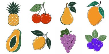 Ananas, kiraz, armut, limon, üzüm, böğürtlen ve şeftali içeren bir meyve koleksiyonu.