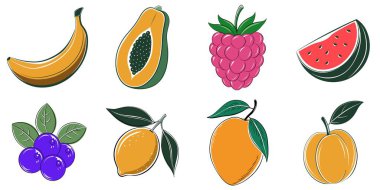 Muz, ahududu ve karpuz içeren meyve resimleri koleksiyonu. Görüntüler stilize ve renkli, her meyvenin kendine has bir tasarımı var. Resimlerin genel havası neşeli.