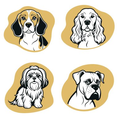 Four dogs with different breeds and expressions. The dogs are sitting and standing in different positions. Scene is playful and lighthearted clipart