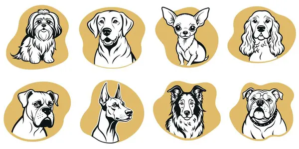 Türleri farklı olan bir köpek çizimi seti. Sahne neşeli ve neşeli.
