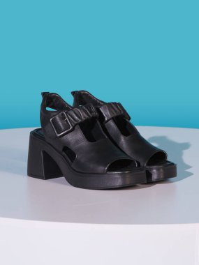 Mavi arka planda siyah kadın ayakkabıları