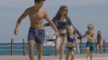 Genç bir aile sahilde koşuyor ve eğleniyor. Bir kız ve bir oğlanla mutlu bir aile yaz tatilinde harika vakit geçiriyor. Tatil ve aile kavramı