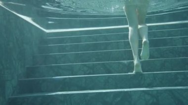 Su altı yansımalarında kamera ve bir kişi, renkli mayo giymiş genç bir kız suyun altında yüzmeye hazırlanıyor. Su altı kabarcıkları, yansımalar, turkuaz rengi ve yüksek kaliteli çekim.