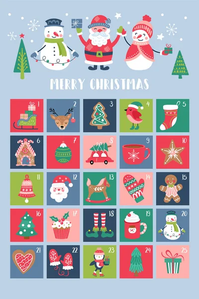 Weihnachten Süßer Adventskalender Kindlicher Druck Für Grußkarten Und Aufkleber Vektorillustration — Stockvektor