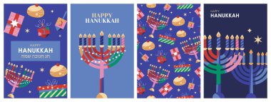 Menorah, geleneksel çörekler, hediye kutuları ve dönen bluzla Hanuka bayramı pankartı seti. Sosyal medya için modern şablon arka planı. Vektör illüstrasyonu