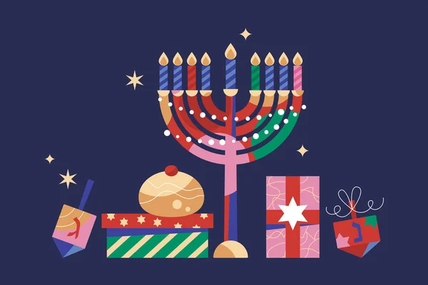 ユダヤ人の休日のためのグリーティングカードMenorahとHanukka 伝統的なドーナツ ギフトボックスとスピントップ ソーシャルメディアのためのモダンなテンプレートの背景 ベクターイラスト — ストックベクタ