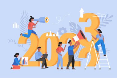 Yeni Yıl 2023 trendleri, planlar ve büyüyen iş konsepti. Web tasarımı için insanların modern vektör illüstrasyonu