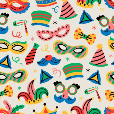 Güzel karnaval öğeleriyle Purim bayramı için kusursuz desenli tasarım. Ambalaj kağıdı, tekstil ve duvar kağıdı için çocuksu bir arkaplan.