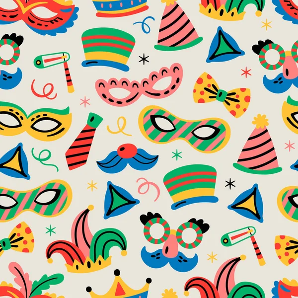 Seamless Pattern Design Purim Holiday Cute Carnival Elements Childish Background — Vettoriale Stock