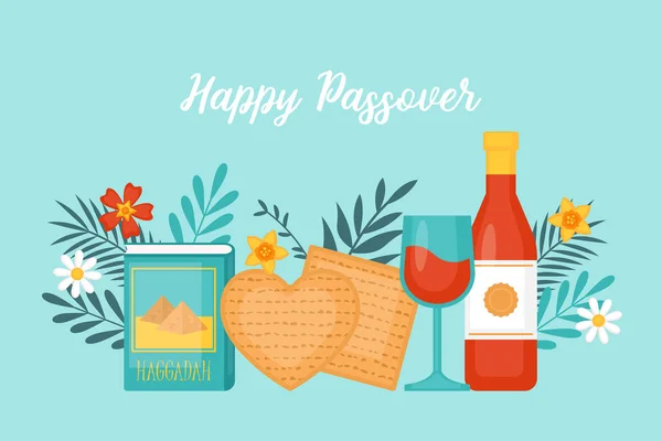 Passover Holiday Banner Design Matzah Wine Spring Flowers Vector Illustration — Stock Vector