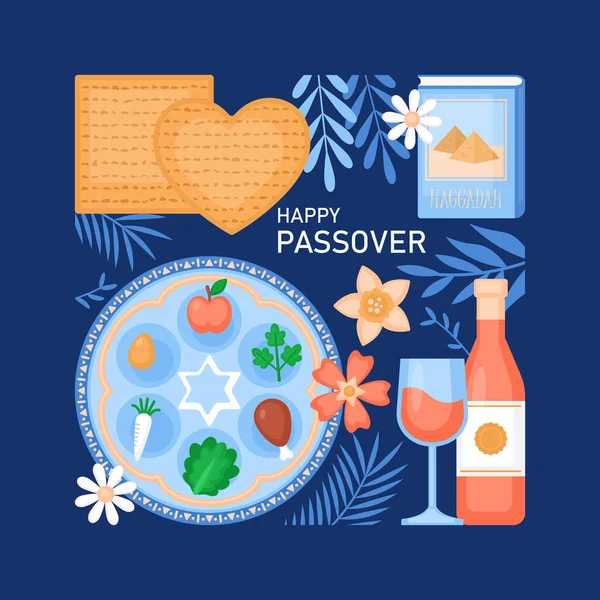Grußkarten Zum Pessach Feiertag Mit Matza Sederteller Wein Und Frühlingsblumen — Stockvektor