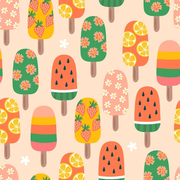 夏天无缝图案设计与可爱的冰淇淋和冰棒 用于卡片 壁纸和背景的儿童字体 病媒图解 — 图库矢量图片