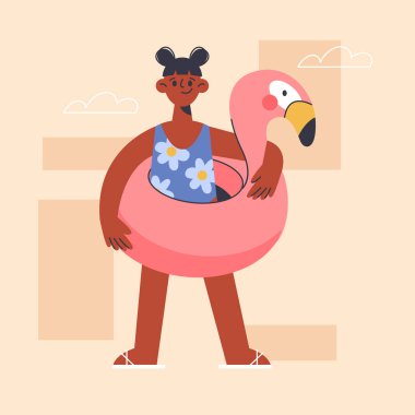 Flamingo havuzlu genç kız yüzüyor. Yaz tatili kavramı. Vecor illüstrasyonu