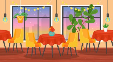 Restoranın içinde masalar, sandalyeler, bitkiler ve gece görüş pencereleri var. Vektör illüstrasyonu