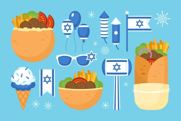 Israel Elemento Día Independencia Establecido Con Falafel Pan Pita Decoraciones — Archivo Imágenes Vectoriales