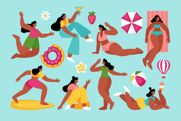 Літні Канікули Вечірка Пляжі Або Вечірка Басейні Тіла Позитивний Набір — стоковий вектор