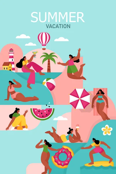 夏休み ビーチパーティーやボディ正の女性の文字とプールパーティー幾何学的なバナーデザイン パンフレット ポスター チラシのテンプレート背景 — ストックベクタ