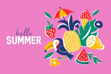 Tropik meyve, tukan ve palmiye yapraklı yaz tebrik kartı tasarımı. Arkaplan, afiş veya poster tasarımı için çocukça yazdırma