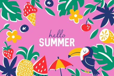 Sosyal medya, afiş veya poster tasarımı için yaz arkaplan şablonu. Tropik meyve, tukan ve palmiye yaprakları moda. Çocuksu baskı