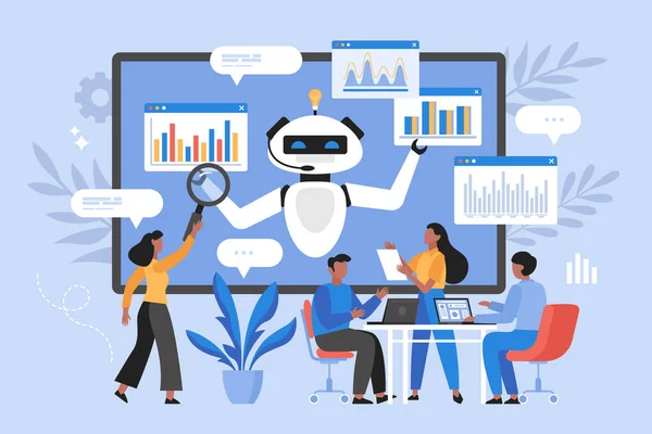 stock vector Artificial intelligence tool for data analysis business concept. Modern vector illustration of people using AI technology for charts and marketing strategy