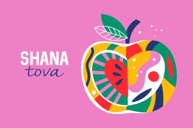 Yahudi bayramı Rosh Hashanah tebrik kartı tasarımı elmalı. Arkaplan, afiş veya poster tasarımı için çocukça yazdırma