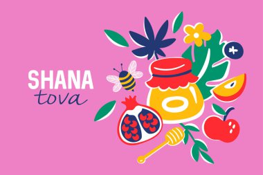Yahudi bayramı Rosh Hashanah tebrik kartı tasarımı bal kavanozu, elma ve nar ile. Arkaplan, afiş veya poster tasarımı için çocukça yazdırma