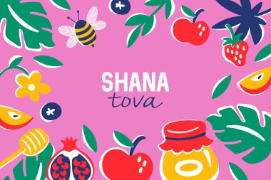 Yahudi bayramı Rosh Hashanah afişi bal kavanozu, elma, yaprak ve nar ile tasarlandı. Arkaplan, tebrik kartı veya poster tasarımı için çocukça yazdırma