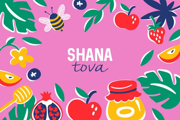 Jüdischer Feiertag Rosch Haschana Banner Design Mit Honigglas Apfel Blättern — Stockvektor
