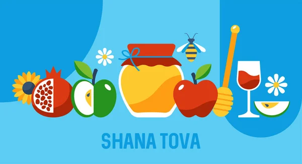 Εβραϊκή Γιορτή Rosh Hashanah Σύγχρονη Ευχετήρια Κάρτα Μέλι Βάζο Μήλα — Διανυσματικό Αρχείο