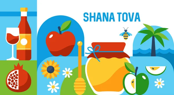 Εβραϊκή Γιορτή Rosh Hashanah Μοντέρνο Φόντο Βάζο Μελιού Μήλα Και — Διανυσματικό Αρχείο