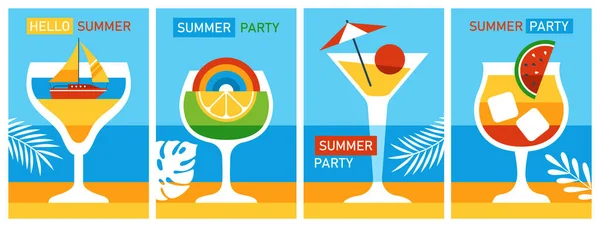 夏のカクテルドリンクと夏のポスターデザインセット バナーやグリーティングカードの最小幾何学的背景 — ストックベクタ