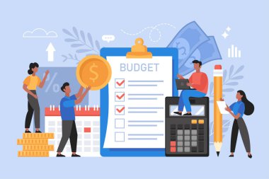 Bütçe planlaması ve finansal yönetim iş konsepti. İş performansını geliştiren insanların modern vektör illüstrasyonu