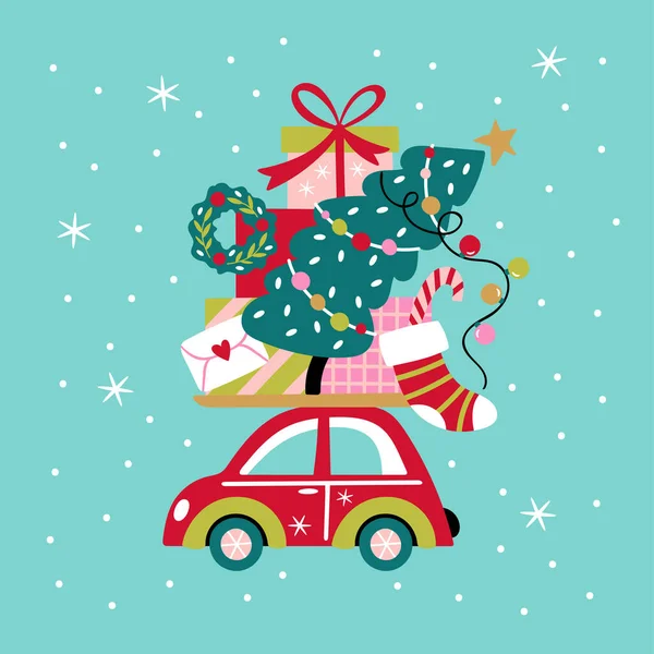 Natal Feriado Bonito Cartão Saudação Com Carro Árvore Natal Caixas Vetores De Bancos De Imagens