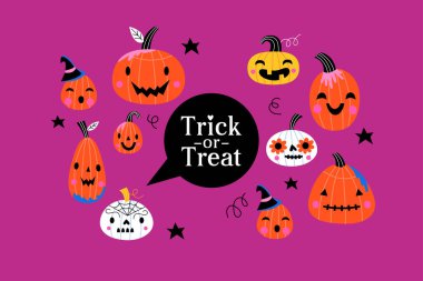 Cadılar bayramı afişi dizaynı ve balkabakları. Kart ve parti davetiyeleri için şablon baskısı. Vektör illüstrasyonu