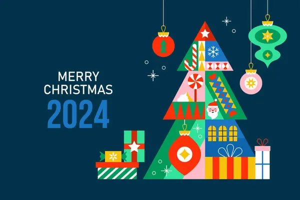Feliz Natal Cartão Saudação Desiign Com Árvore Natal Geométrico Caixas Vetores De Bancos De Imagens Sem Royalties