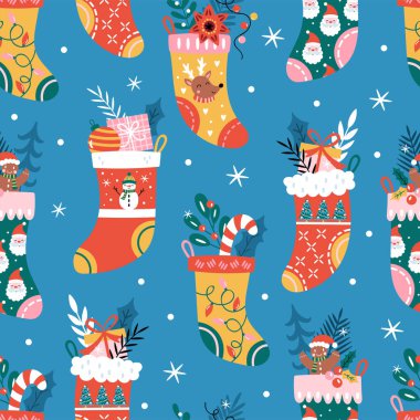 Güzel çoraplı, kusursuz bir Noel tatili geçmişi. Ambalaj kağıdı, tekstil ve giysi için çocukça bir baskı. Vektör illüstrasyonu