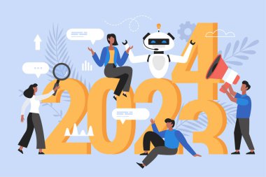 Yeni Yıl 2024 trendleri, planlar ve büyüyen iş konsepti. Eğilimleri analiz eden ve yapay zeka teknolojisi kullanan insanların modern vektör illüstrasyonu