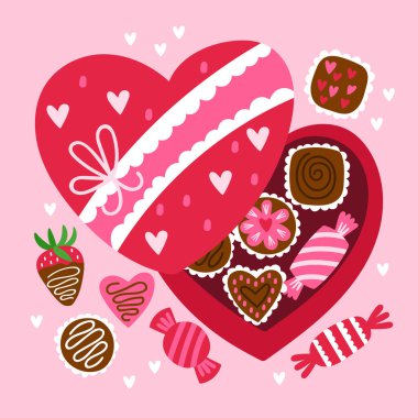 Sevgililer Günü tebrik kartı, kalp şeklinde çikolata kutusu ambalaj, çıkartma, giysi ve dekorasyon için çocukça baskılar.